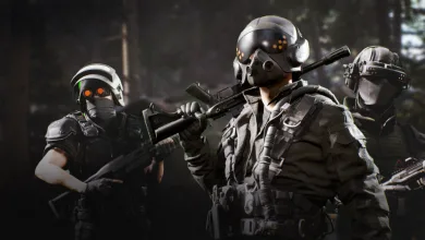 Three masked THE FINALS contestants in tactical armor holding rifles