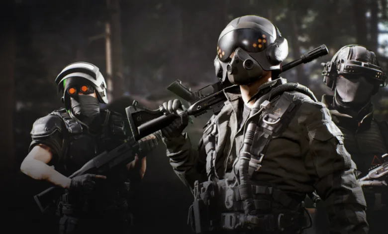 Three masked THE FINALS contestants in tactical armor holding rifles