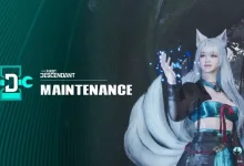 The First Descendant maintenance graphic with a white-haired character beside the maintenance notice