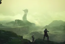Two The First Descendant characters stand in a green cavern facing a towering alien structure