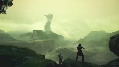 Two The First Descendant characters stand in a green cavern facing a towering alien structure