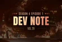 The First Descendant Dev Note Vol. 29 artwork showing a burning sci-fi environment with Season 4 Episode 1 text