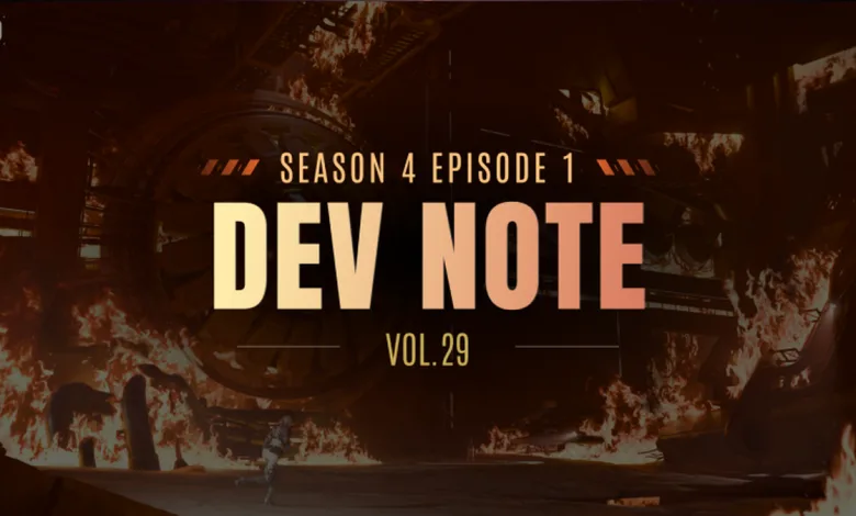 The First Descendant Dev Note Vol. 29 artwork showing a burning sci-fi environment with Season 4 Episode 1 text