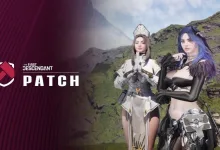 Two The First Descendant characters stand in a mountainous setting beside patch branding