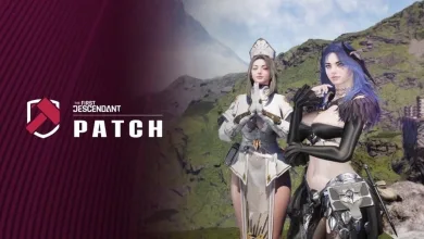 Two The First Descendant characters stand in a mountainous setting beside patch branding