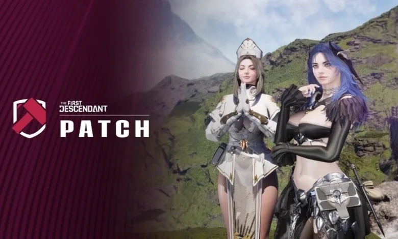 Two The First Descendant characters stand in a mountainous setting beside patch branding