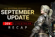 An armored character appears beside a September Update Dev Livestream Recap graphic for The First Descendant.