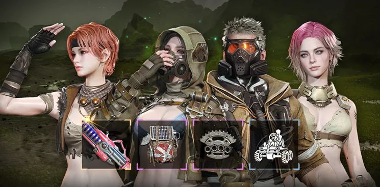 The First Descendant shop artwork featuring four Descendants and cosmetic item icons
