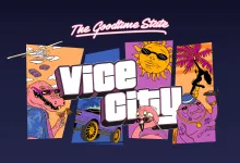 Illustrated Vice City Collection artwork featuring a crocodile, palm trees, a sports car, and colorful characters.