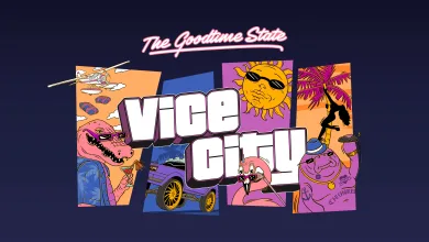 Illustrated Vice City Collection artwork featuring a crocodile, palm trees, a sports car, and colorful characters.