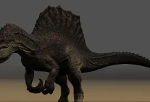 Baryonyx shown in a three-quarter pose with its raised sail and open jaws