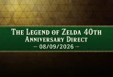 Title card for The Legend of Zelda 40th Anniversary Direct showing the date 08/09/2026.