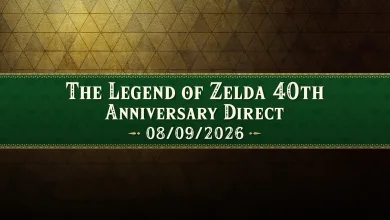 Title card for The Legend of Zelda 40th Anniversary Direct showing the date 08/09/2026.