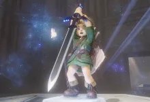 Young Link raises a sword inside a dark, glowing chamber in The Legend of Zelda: Ocarina of Time Remake.