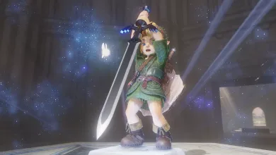 Young Link raises a sword inside a dark, glowing chamber in The Legend of Zelda: Ocarina of Time Remake.