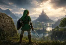 A green-clad swordsman with a shield overlooks a castle and valley in The Legend of Zelda: Ocarina of Time Remake-inspired artwork.
