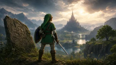 A green-clad swordsman with a shield overlooks a castle and valley in The Legend of Zelda: Ocarina of Time Remake-inspired artwork.