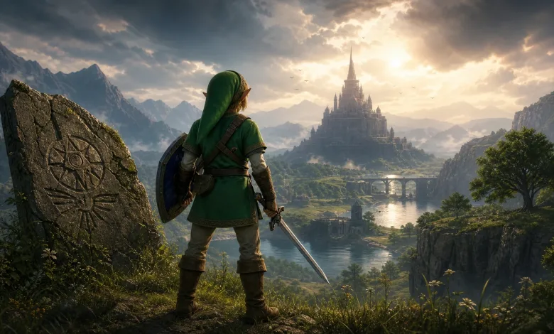 A green-clad swordsman with a shield overlooks a castle and valley in The Legend of Zelda: Ocarina of Time Remake-inspired artwork.
