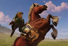 Link rides Epona across a grassy field in The Legend of Zelda: Ocarina of Time Remake.