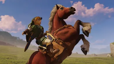 Link rides Epona across a grassy field in The Legend of Zelda: Ocarina of Time Remake.