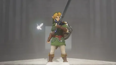 Link stands in a gray chamber holding a sword with a glowing fairy beside him in The Legend of Zelda: Ocarina of Time Remake.