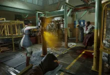 Characters in The Outlast Trials confront yellow chemical fumes inside an industrial facility