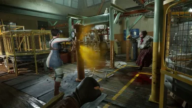 Characters in The Outlast Trials confront yellow chemical fumes inside an industrial facility