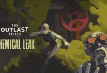Artwork for The Outlast Trials Chemical Leak event showing two masked characters moving through yellow-green chemical fumes