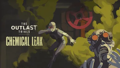 Artwork for The Outlast Trials Chemical Leak event showing two masked characters moving through yellow-green chemical fumes