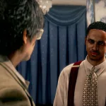 The Veiled Stranger speaking with another man indoors