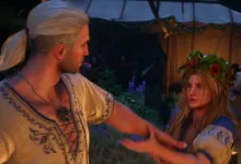 Geralt speaks with a flower-crowned woman at a nighttime camp in The Witcher 3: Songs of the Past