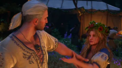 Geralt speaks with a flower-crowned woman at a nighttime camp in The Witcher 3: Songs of the Past
