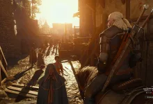 Geralt stands on horseback in a sunlit city street in The Witcher 3: Wild Hunt Remastered