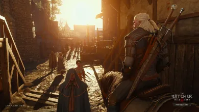 Geralt stands on horseback in a sunlit city street in The Witcher 3: Wild Hunt Remastered