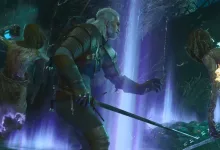 Geralt fights monsters in a purple-lit forest in The Witcher 3: Wild Hunt Remastered