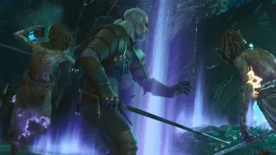 Geralt fights monsters in a purple-lit forest in The Witcher 3: Wild Hunt Remastered