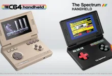 TheC64 Handheld and The Spectrum Handheld clamshell consoles shown open with games on their screens