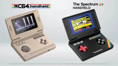 TheC64 Handheld and The Spectrum Handheld clamshell consoles shown open with games on their screens