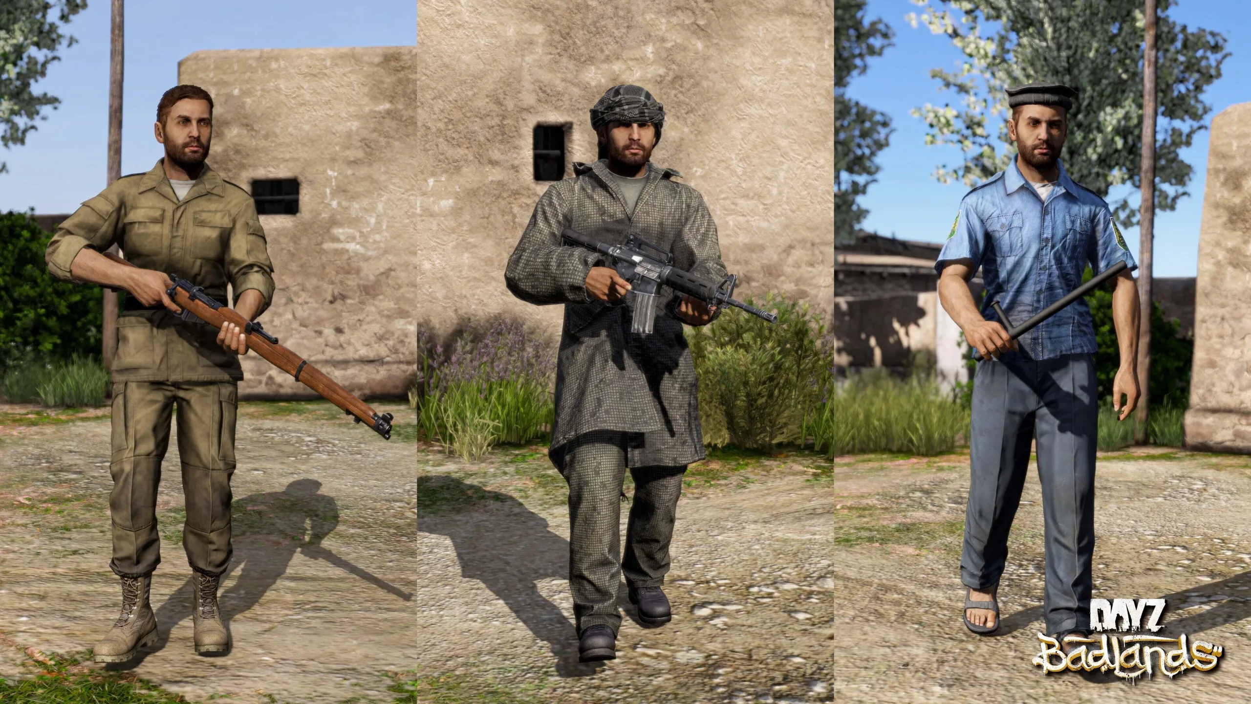 Three characters wearing military and regional uniforms in Nasdara