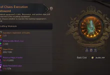 Throne and Liberty crafting screen for an Eye of Chaos Execution Greatsword showing required materials, including Otherworldly Mind's Eye.