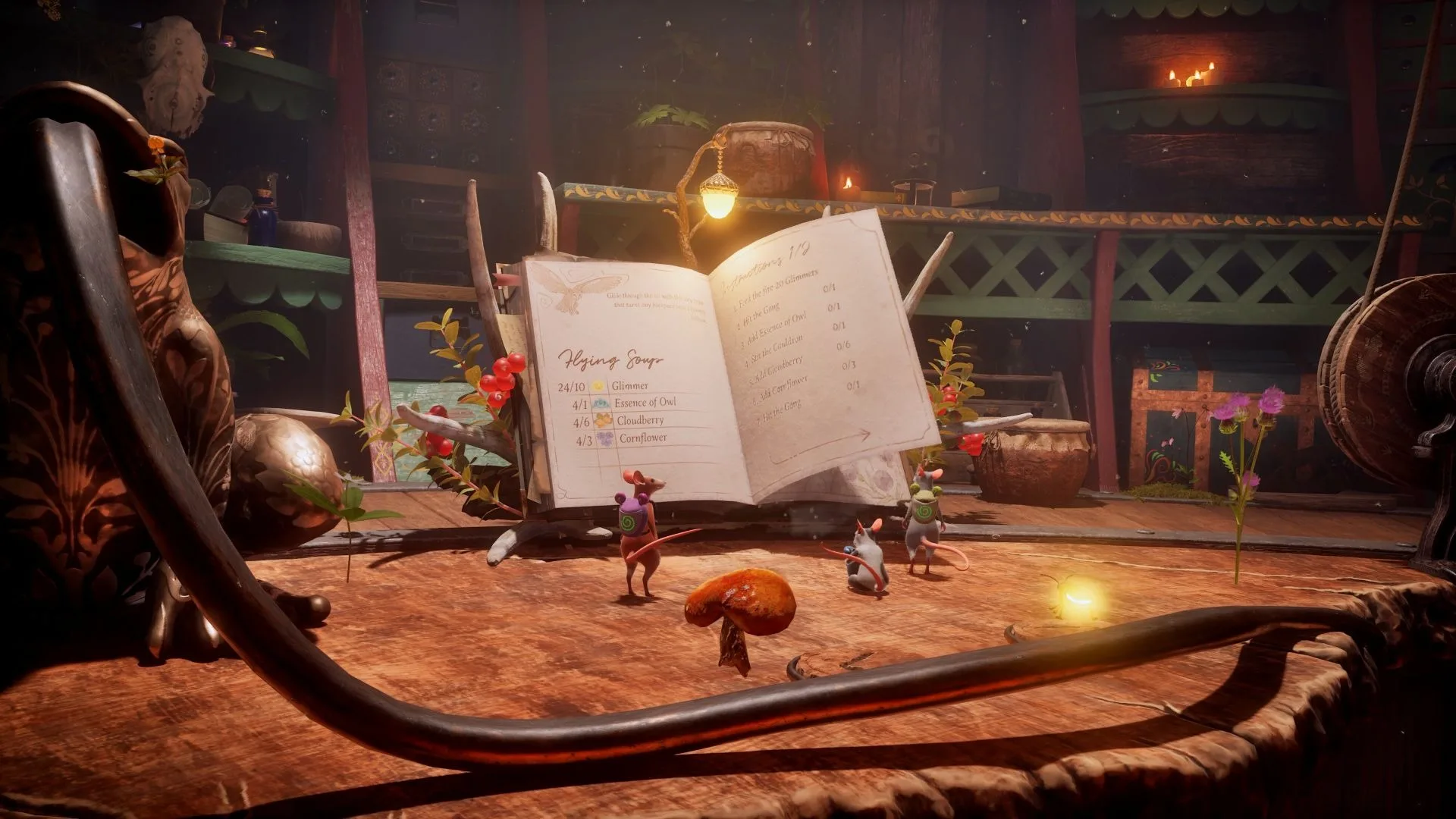 Tiny mouse characters working around an open recipe book in a workshop.