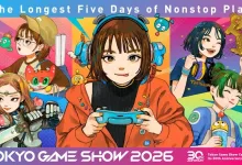 Promotional artwork for Tokyo Game Show 2026 showing stylized gamers playing with handheld controllers.