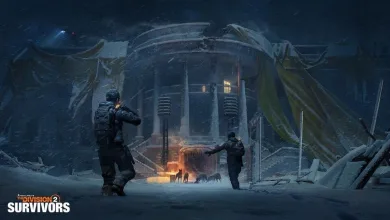 Two armed agents approach a lit structure through a snow-covered settlement in Tom Clancy's The Division 2: Survivors.
