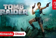 Lara Croft stands in a jungle scene from Tomb Raider: Legacy of Atlantis beside the Nintendo Switch 2 logo.