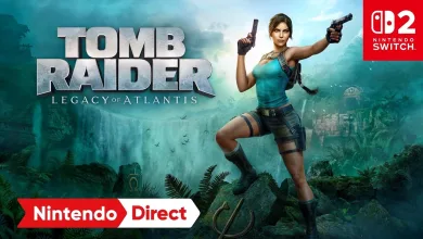 Lara Croft stands in a jungle scene from Tomb Raider: Legacy of Atlantis beside the Nintendo Switch 2 logo.
