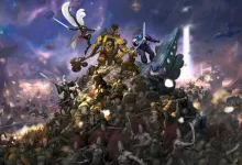 A large battle scene featuring multiple Total War: Warhammer 40,000 factions beneath a cosmic sky