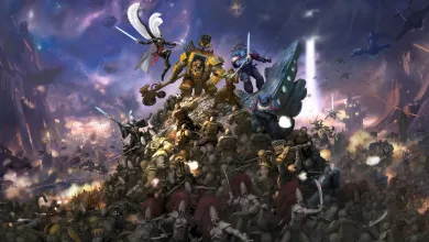 A large battle scene featuring multiple Total War: Warhammer 40,000 factions beneath a cosmic sky
