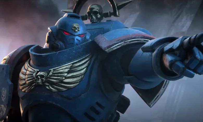 A blue-armored Space Marine points forward in a smoky battlefield scene.