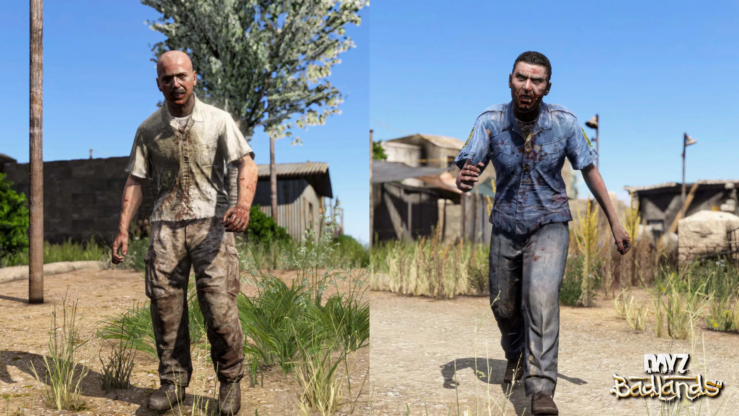 Two infected characters standing in a dry settlement