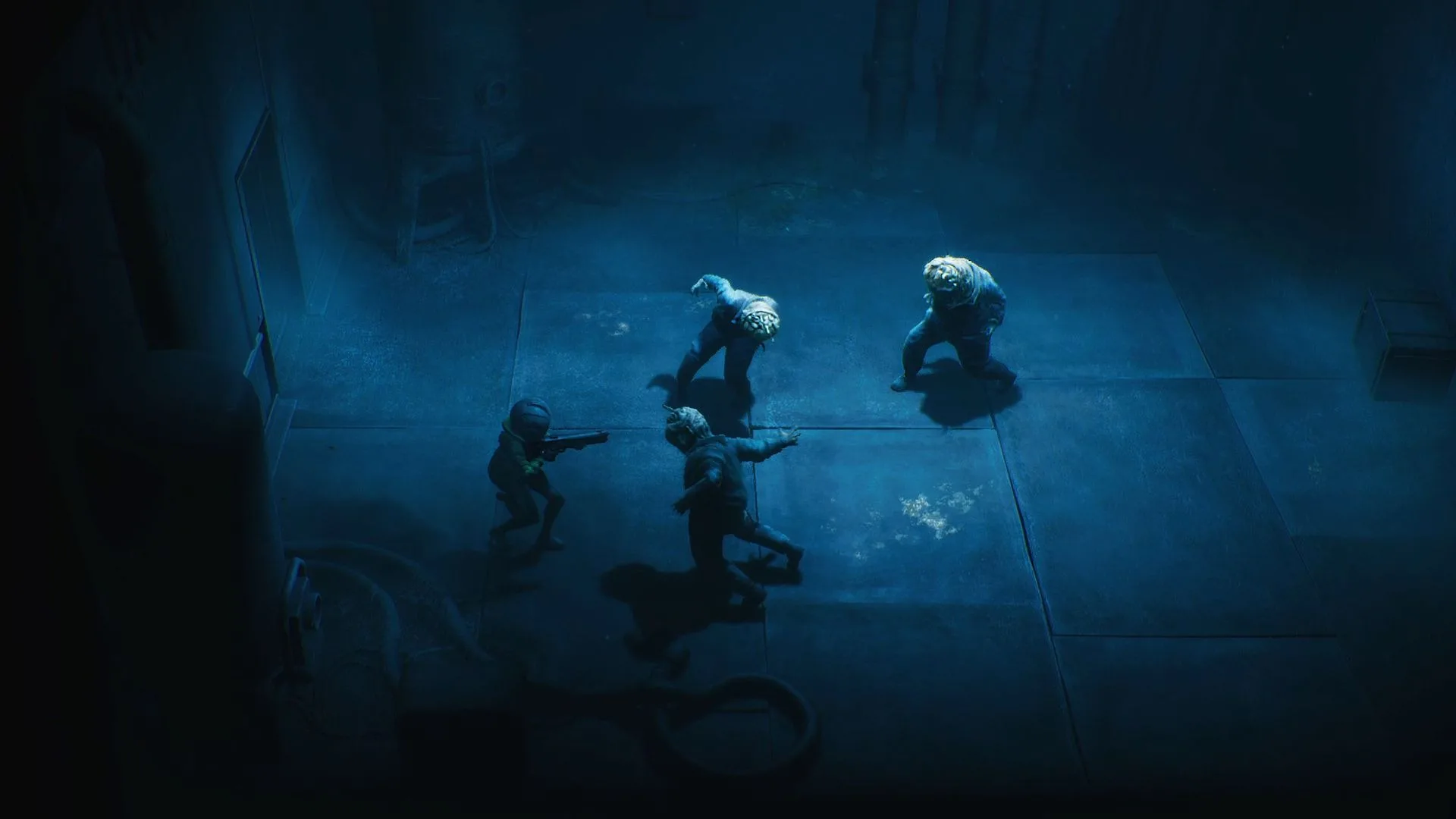 Two pale creatures confront armed figures in a dark room